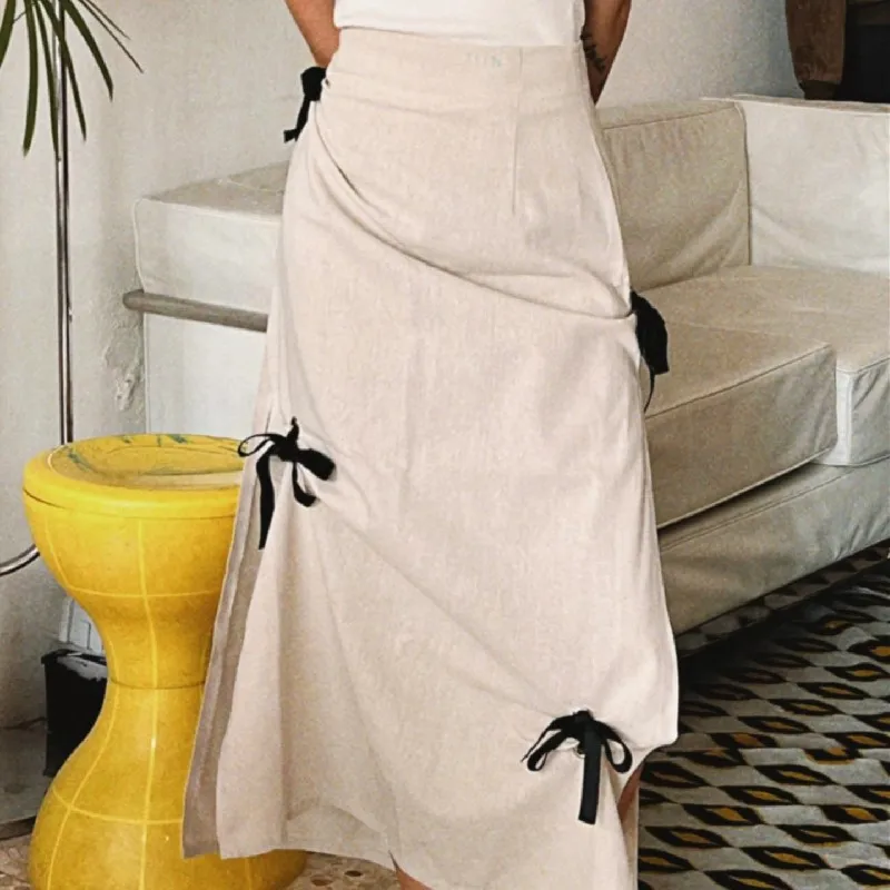 DSMTRC Female Solid Elegant Street Falda Midi Mujer Women Autumn Casual High Waist Skirts Bow Sweet Style Long Skirt Fashion