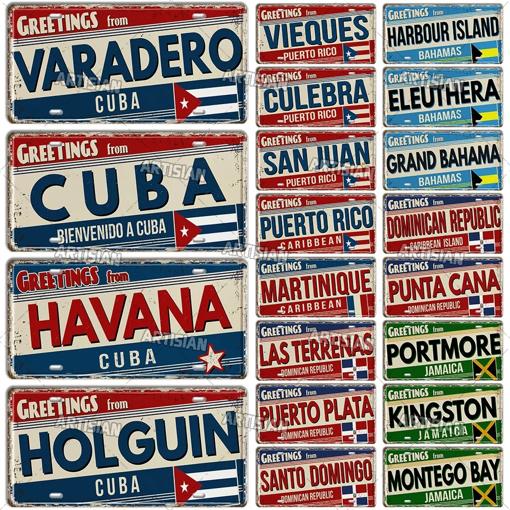 Artisian Cuba Caribbean Jamaica Dominican Bahamas Puerto Rico Landmark License Plate Greetings From City Metal Sign Wall Decor