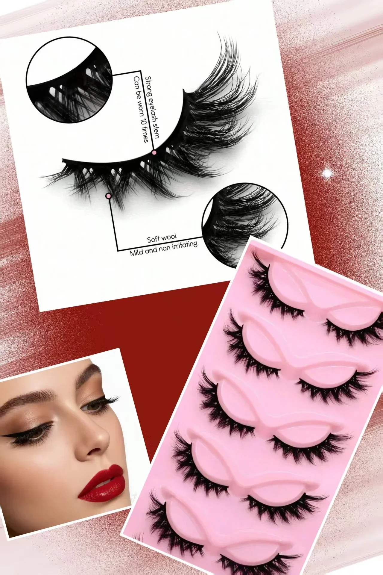 3D Voluminöse Flauschige Faux-Mink-Wimpern 5 Paar Dicke Weiche Leichte Wiederverwendbare Streifen-Wimpern Handgefertigt – Detail 5