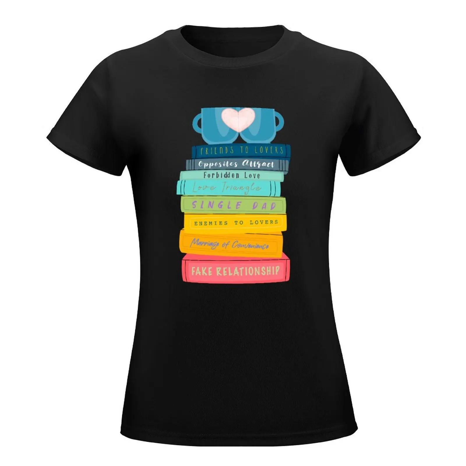 Rainbow Bookstack, TBR Pile, Romance Tropes,Coffee and Reading T-Shirt funny Blouse cute clothes Women's tee shirt