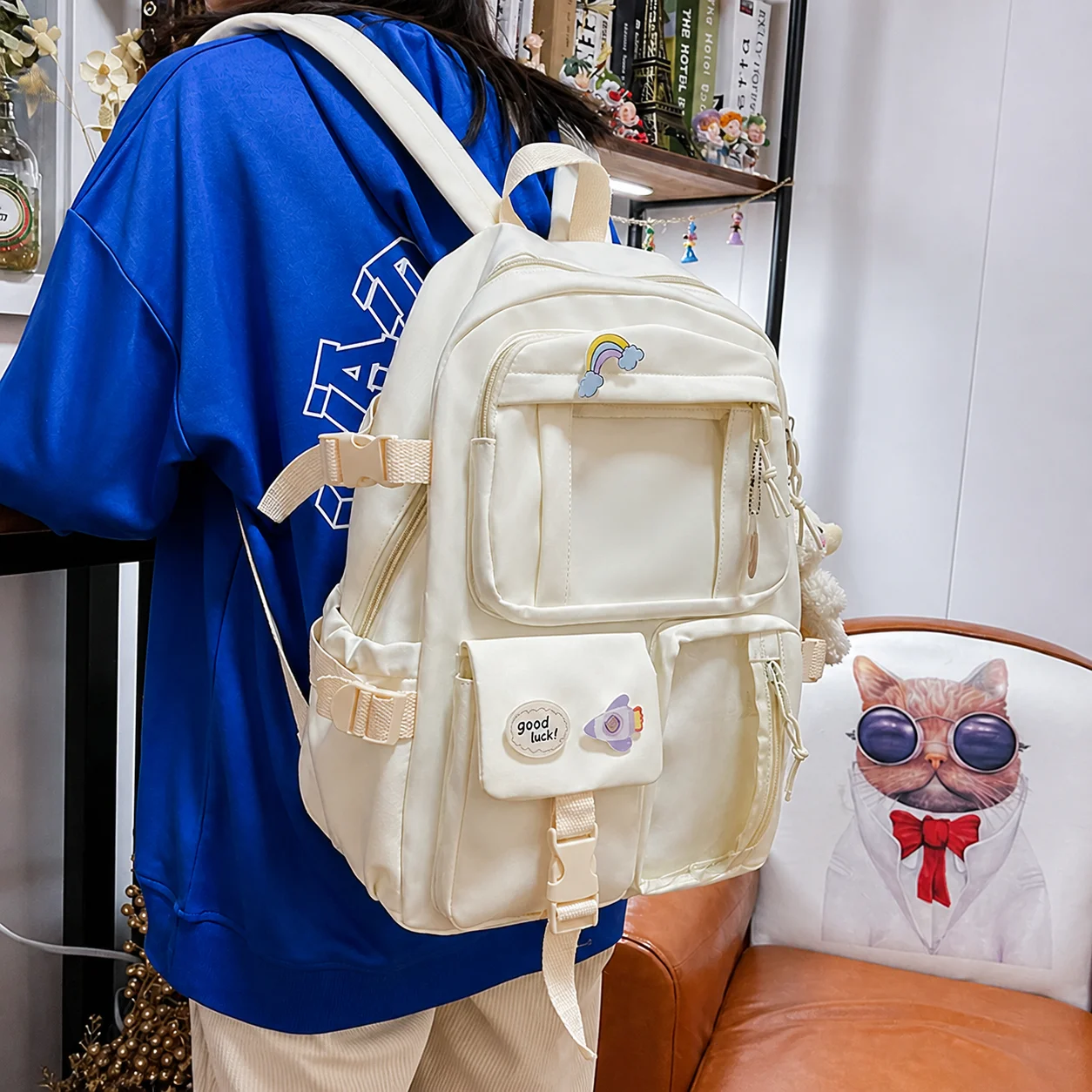 Large Capacity Backpack Street Double Shoulder Backpack Nylon Canvas Backpack Water Resistant For School Use Daily Outings Daily