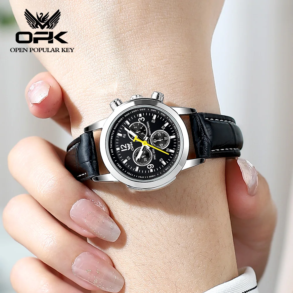 Opk-女性用多機能三眼クォーツ時計、防水発光ベルト、ファッションブランド、6015