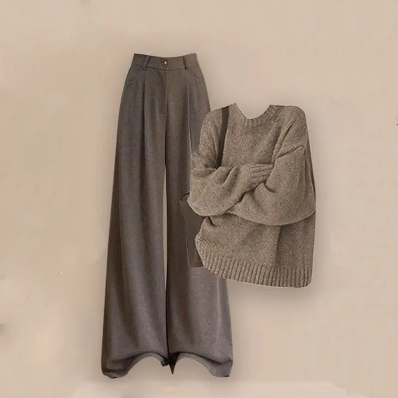 A Complete Set of Korean Chic Lazy Style Knitted Sweaters in Early Autumn, Suitable for Maillard Wearing and Casual Pants Se