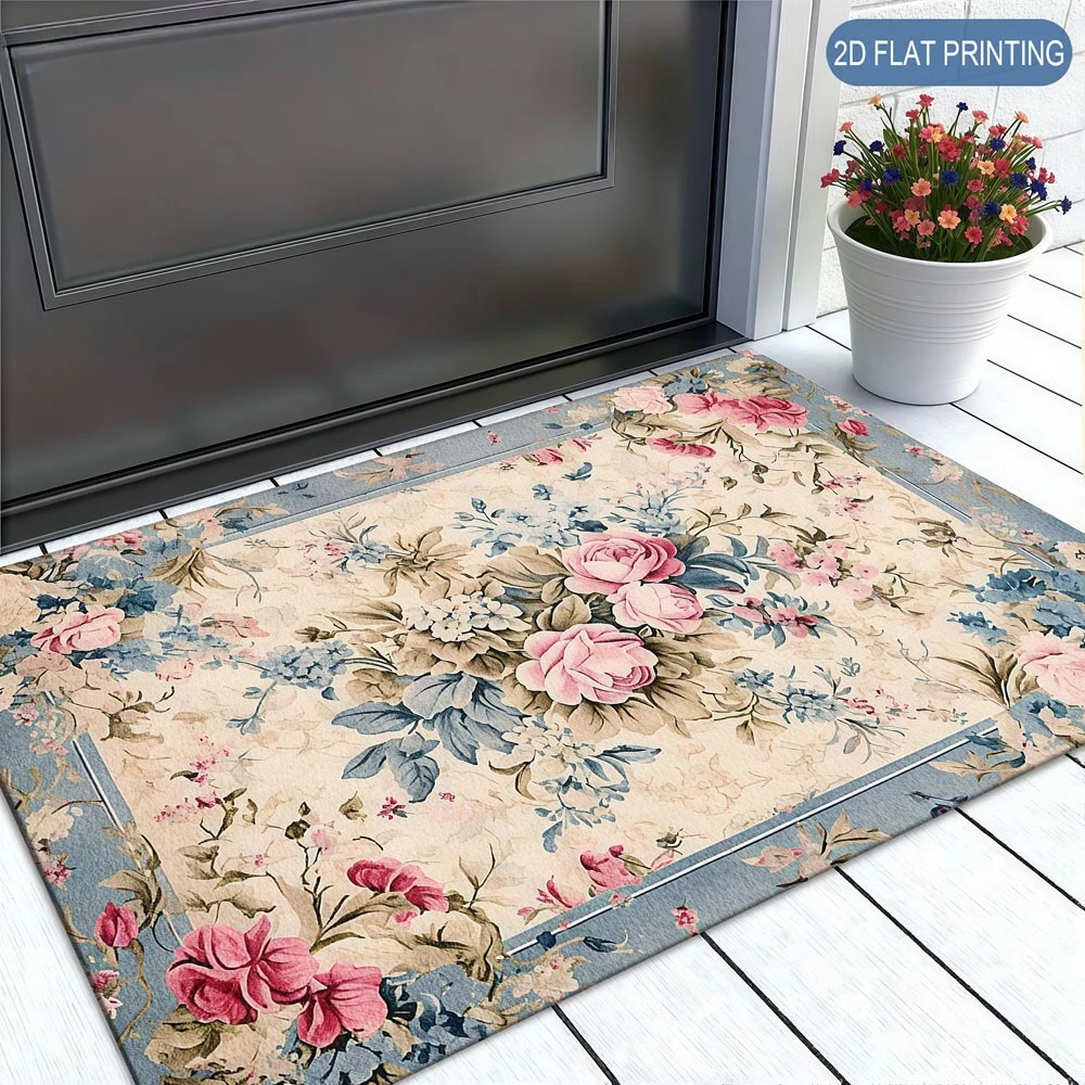 Cottage Style Floral Print Rug Area Mat Vintage Flower Design Runner for Bathroom Living Room Entrance Door Decor Home Carpet