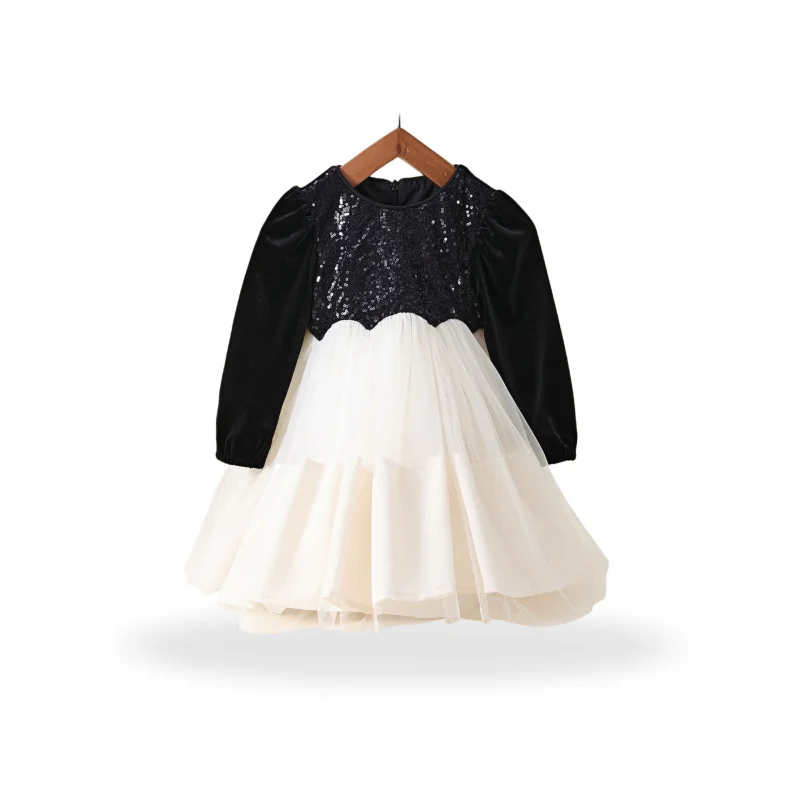 

Girls' Dress Hepburn Style Velvet Tulle Dress Autumn Winter New Princess Dress Patchwork Dress Korean