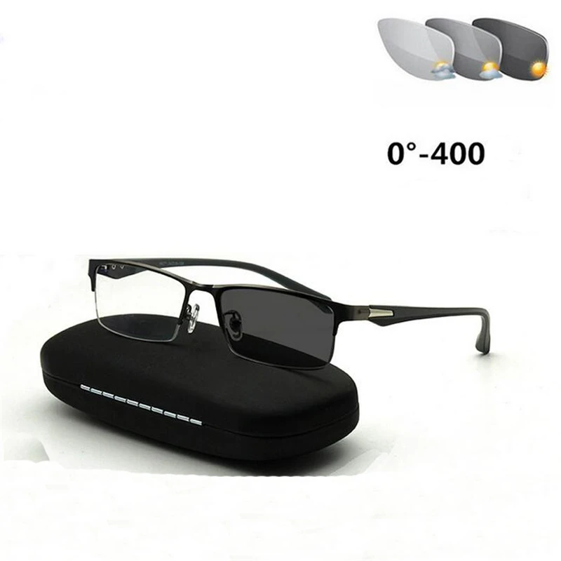 Half FramePhotochromic Gray Prescription Glasses With Cylinder Men Anti-UV Student Square Short-sight Eyewear -0.5 -0.75 To -6.0