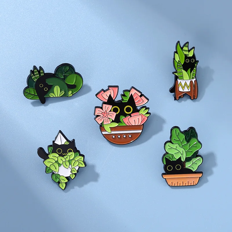 Cats in Plants Enamel Pins Custom Black Cat Potted Plant Brooches Lapel Badges Fun Animal Plant Jewelry Gift for Kids Friends