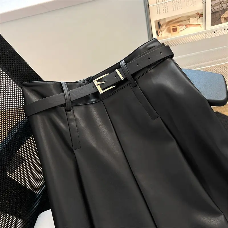 PU leather skirt women's autumn and winter  high waist thin a-word skirt design sense medium and long skirt gothic