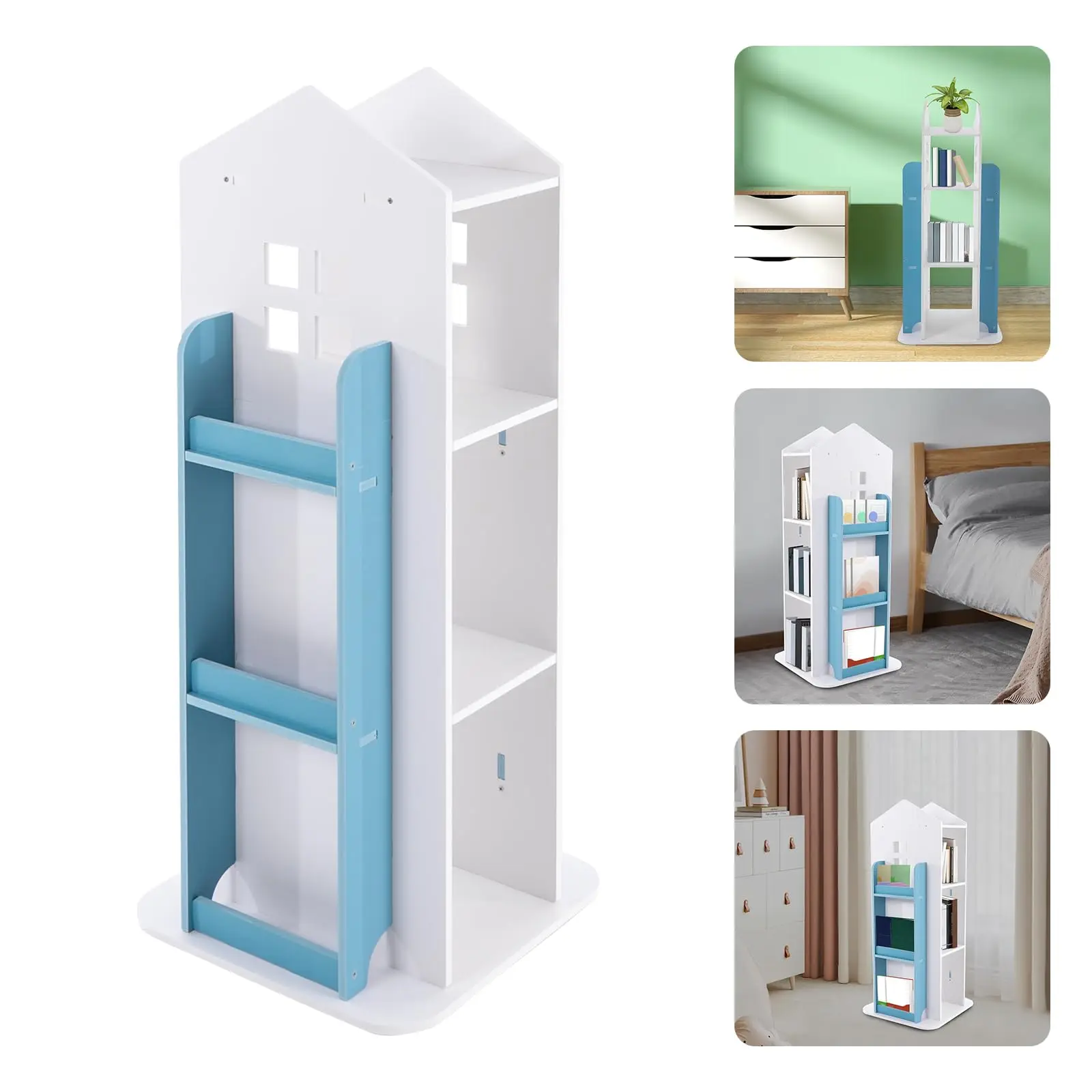 4 livelli 360 °     Scaffale girevole, scaffale per libri castello indipendente Libreria angolare girevole moderna Scaffale salvaspazio per organizzare