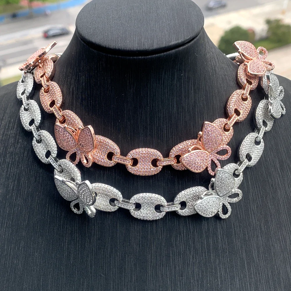 

Женское Ожерелье с кубинской цепью, ожерелье в виде бабочки с кубическим цирконием, очаровательное колье в стиле панк с розовыми пузырями, украшение в стиле хип-хоп, 2024