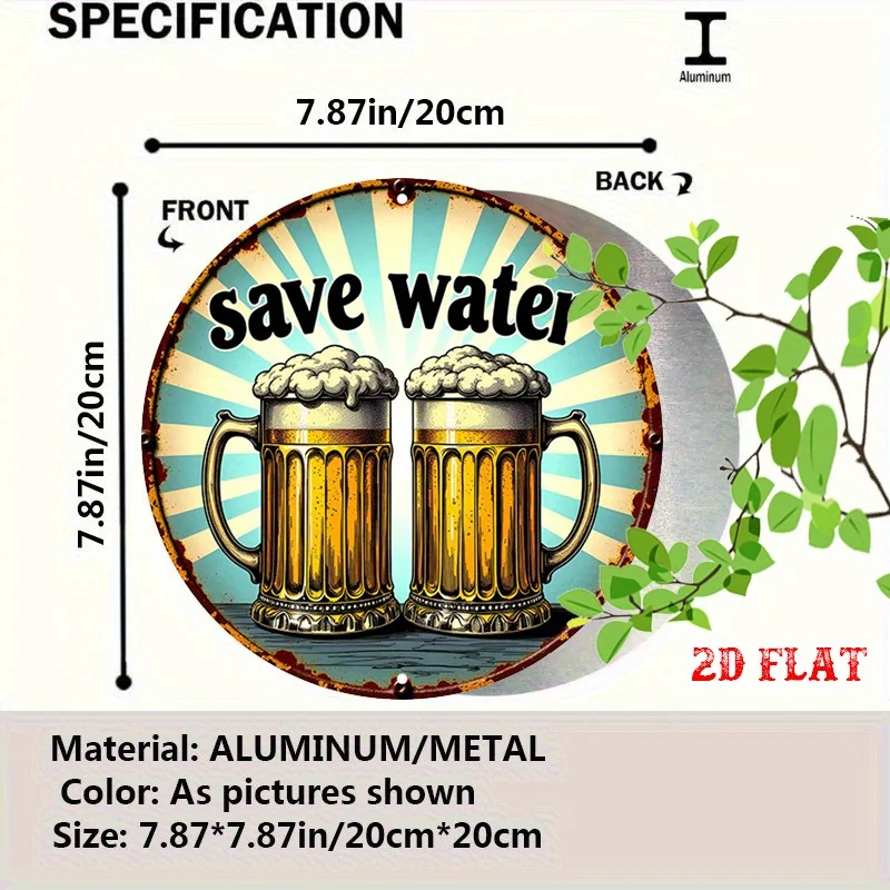 2D Flat 1pc Vintage Beer Mug Retro Pub Decor - Save Water Funny Message - Heavy Beer Mug Art - Durable Aluminum Metal Sign