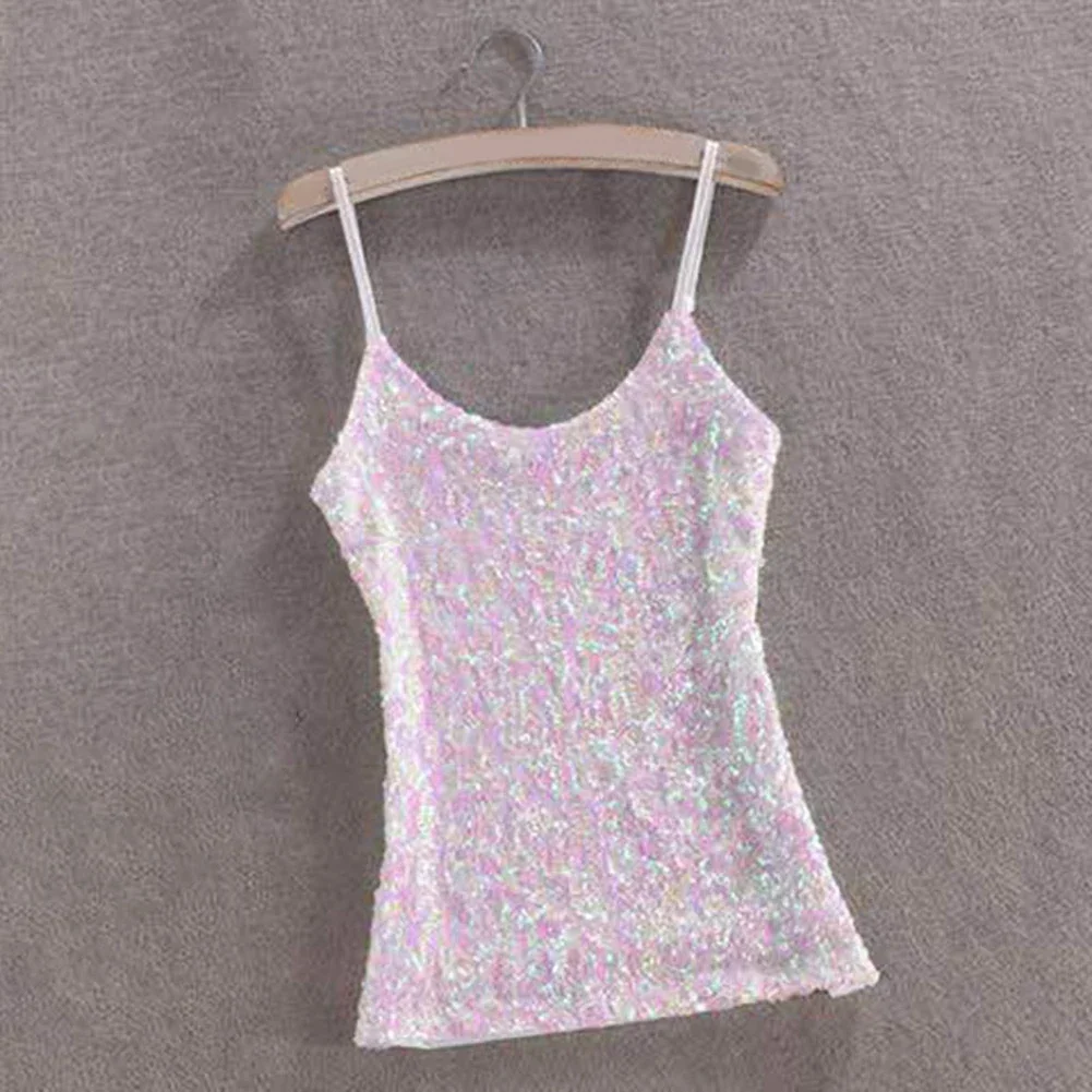 Shirt Tank Tops Solid Color Glitter Party Sequin Sleeveless Soft Stage Performance U-Neck All Season Vest Club