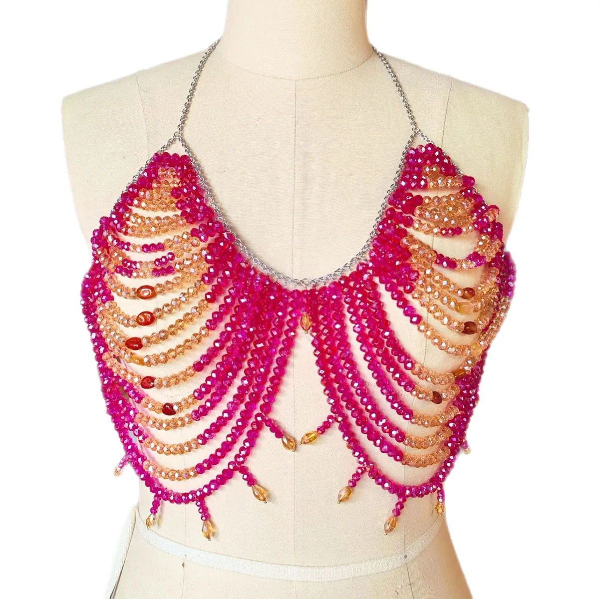 

2025 Handmade Summer Holiday Rave Female Crystal Rose Red Halter Goddess Bra Body Chain Bralette Sexy Crystal Beaded Bikini Top
