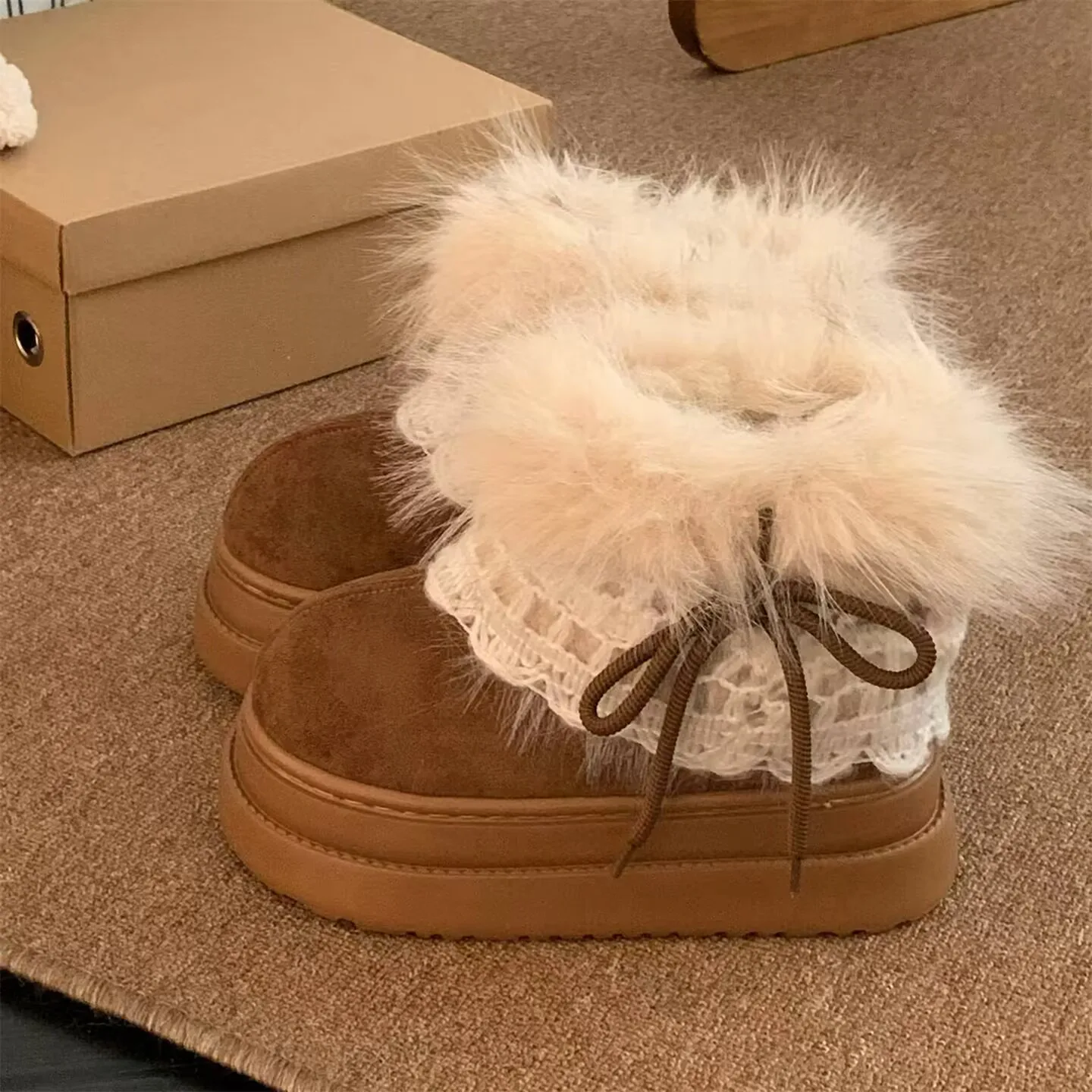 Korean Style Lace Snow Boots 2025 Winter Plush Warm Short Boots Girls Sweet Thick Bottom Casual Boots Students Cotton Shoes image 6