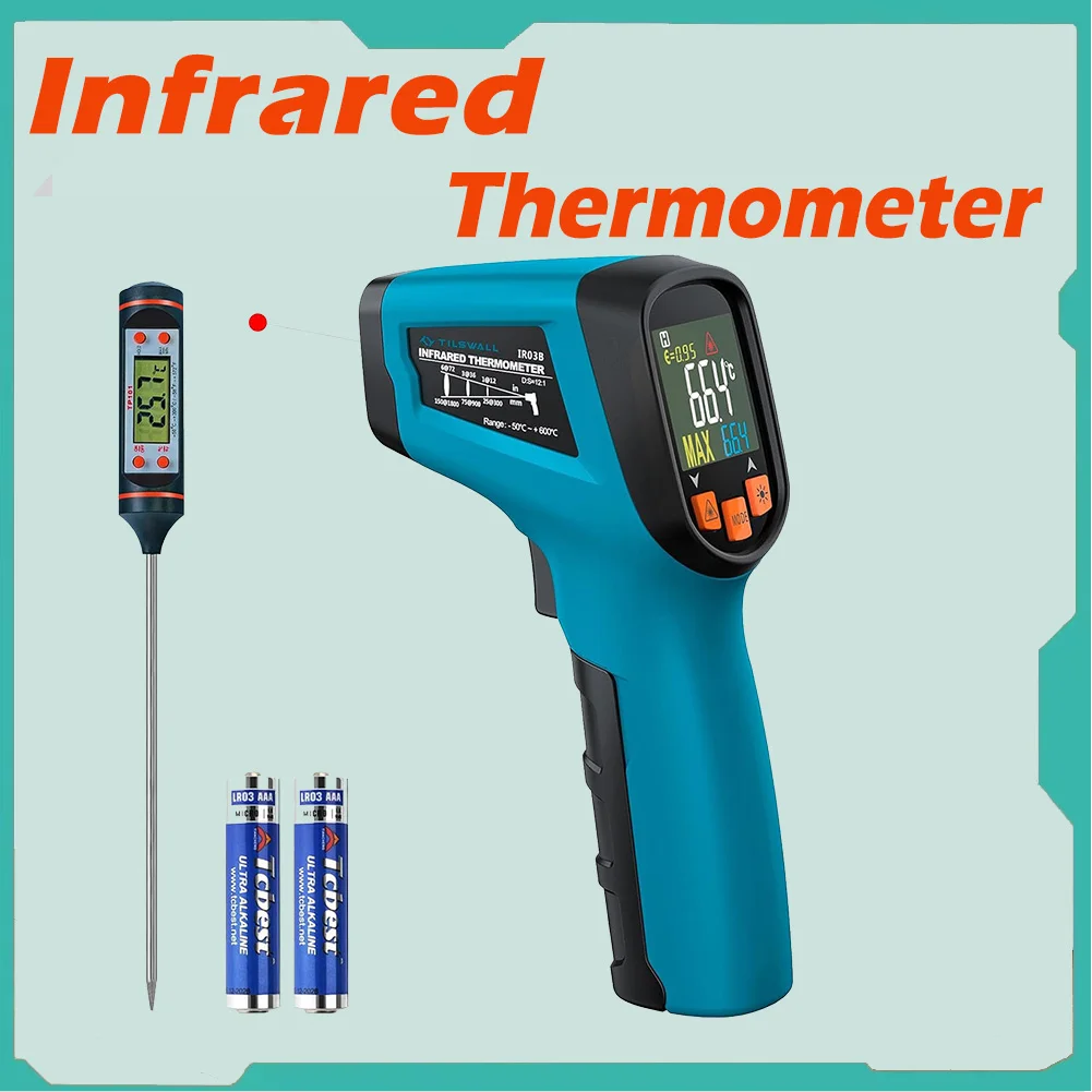 Tilswall W301 Infrared Thermometer, with Probe, Non-Contact, -50~600°C (-58°F to 1112°F), Digital Display