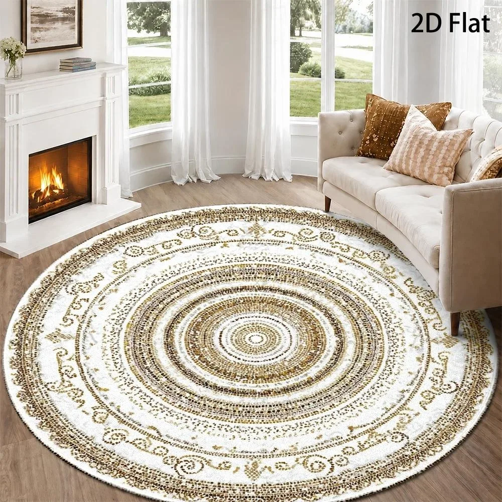 Modern Blue Gold Concentric Circle Round Carpet Gradient Ring Metallic Gold Textured Print Circular Floor Rug for Living Room