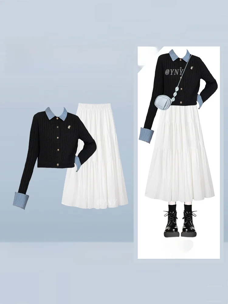 

Faionable Knitted Stripe Sweater And Pleated Skirt Set for Women High Waist Autumn Winter Simple Sle Color Blo Two...