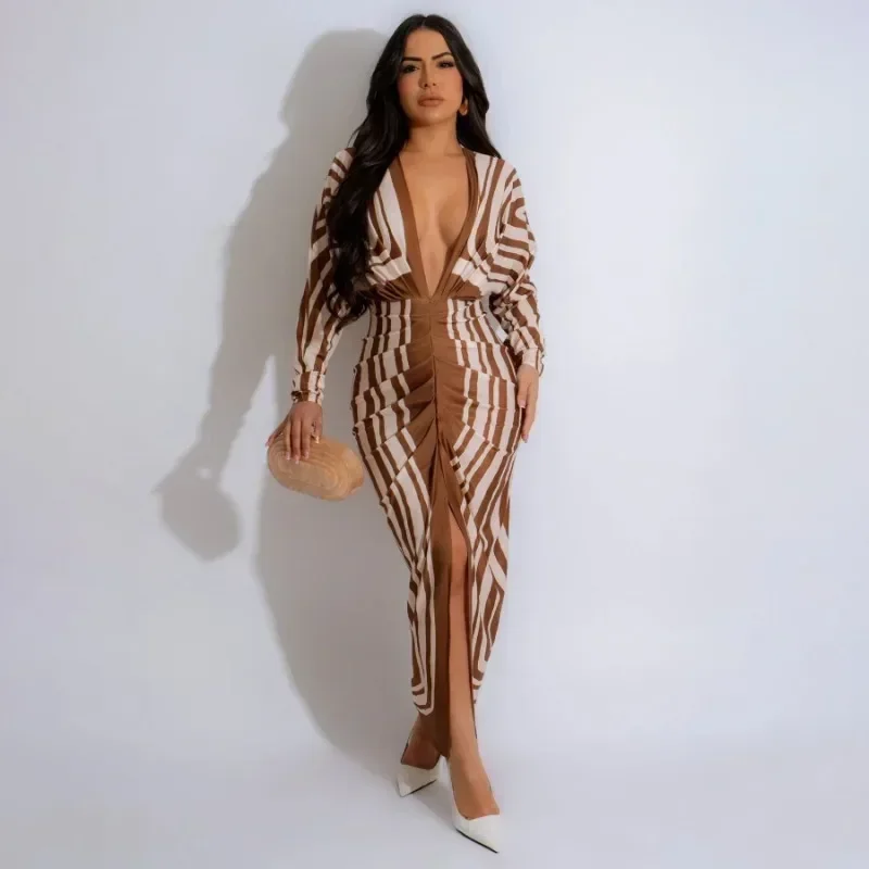 GUWU Frauen Streifen Geraffte Batswing Langarm Geburtstag Bodycon Lange Maxi Kleid Herbst Tiefem V-ausschnitt Abend Sexy Party Kleider