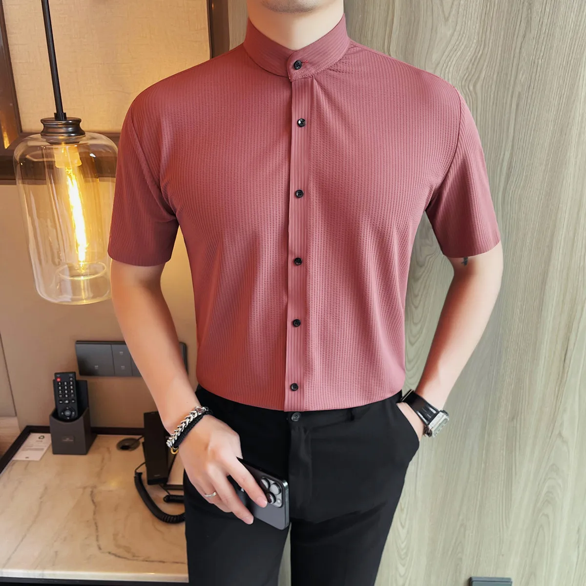 

Summer Ice Silk Shirts Men Clothing 2025 Fashion Stand Collar Short Sleeve Men's Social Shirt Slim Fit Casual Office Blouse Male