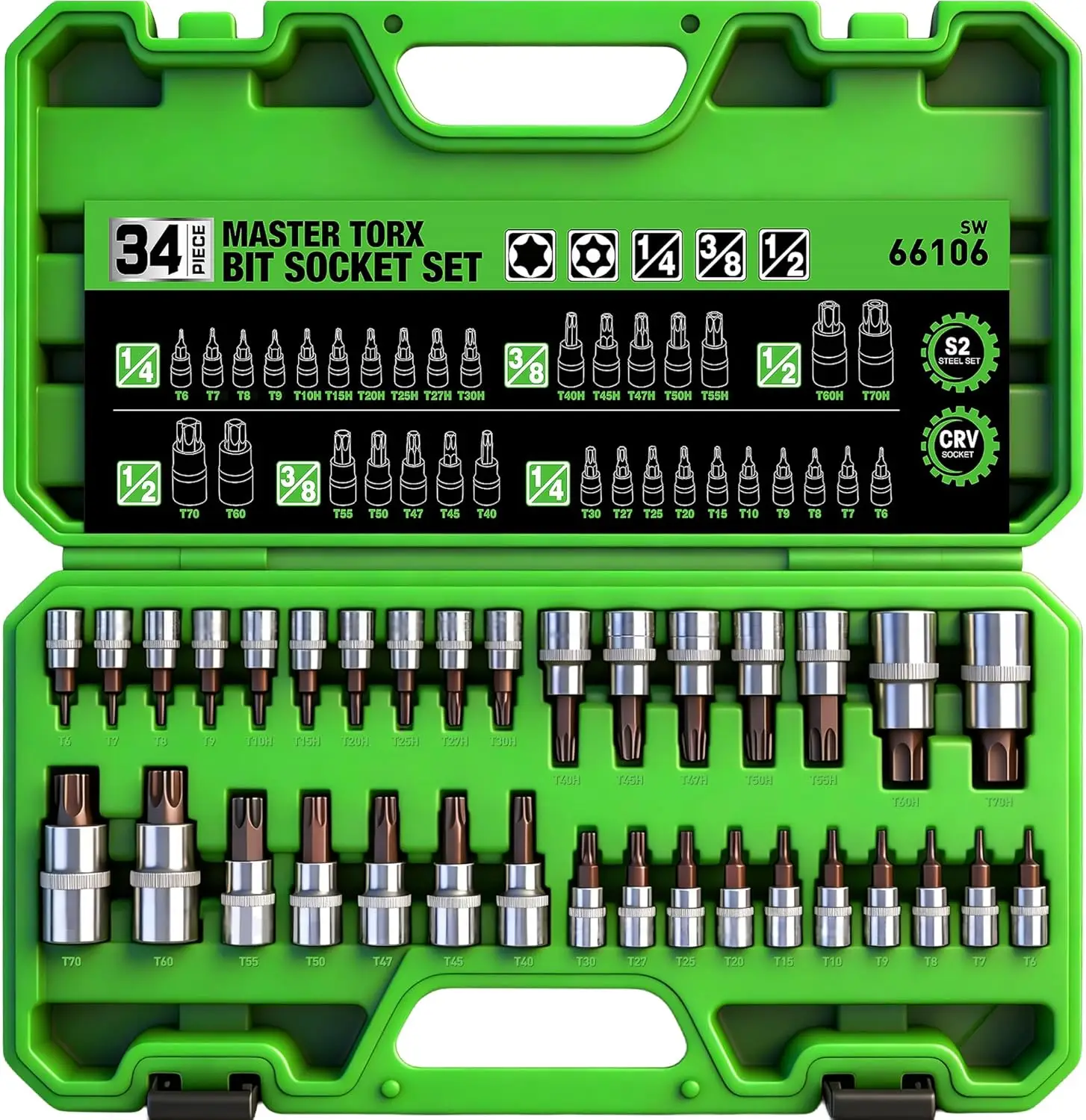 

Набор торцевых бит Torx из 34 предметов, с защитой от несанкционированного доступа T6-T70, прочные звездообразные биты, из высококачественной легированной стали CR-V и S2, с кейсом для хранения