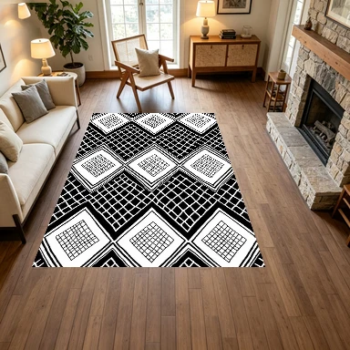 Black-White Hand Drawn Diamond Lattice Geometric Carpet Flooring, Minimalist Sketch Non-Slip Area Rug for Living Room Bedroom Office Home Decor