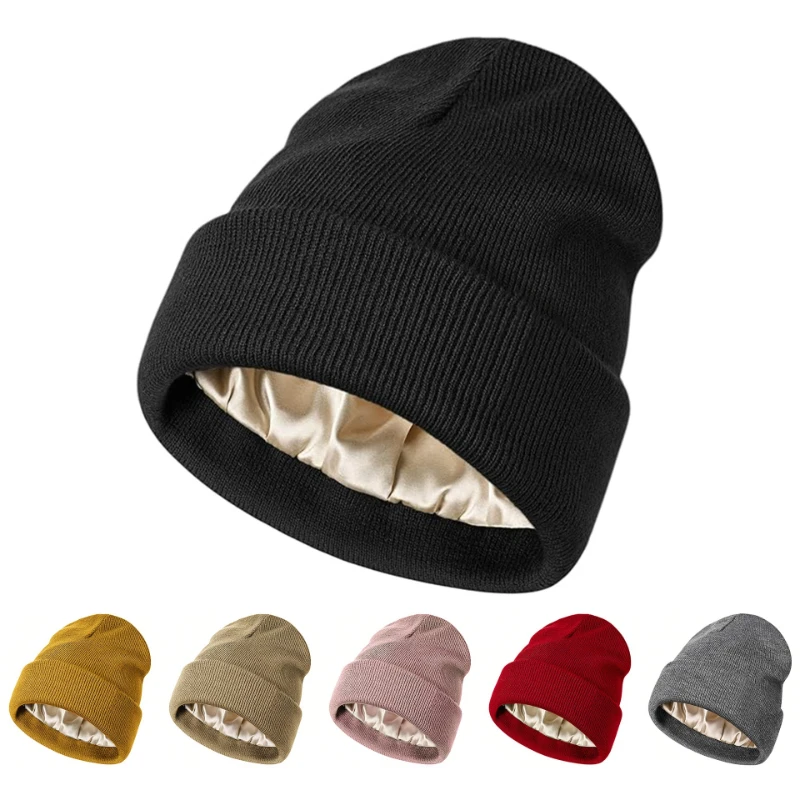 الشتاء متماسكة بيني المرأة الساتان اصطف قبعة شتوية للنساء الحرير بطانة سميكة قبعات مكتنزة لينة مترهل الجمجمة قبعة دافئة