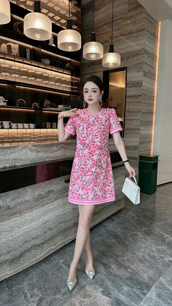 

Fashionable Floral Print Dress with Button Pocket Detail High Quality Women's Clothing Commute Style Short Sleeve A-Line Skirt