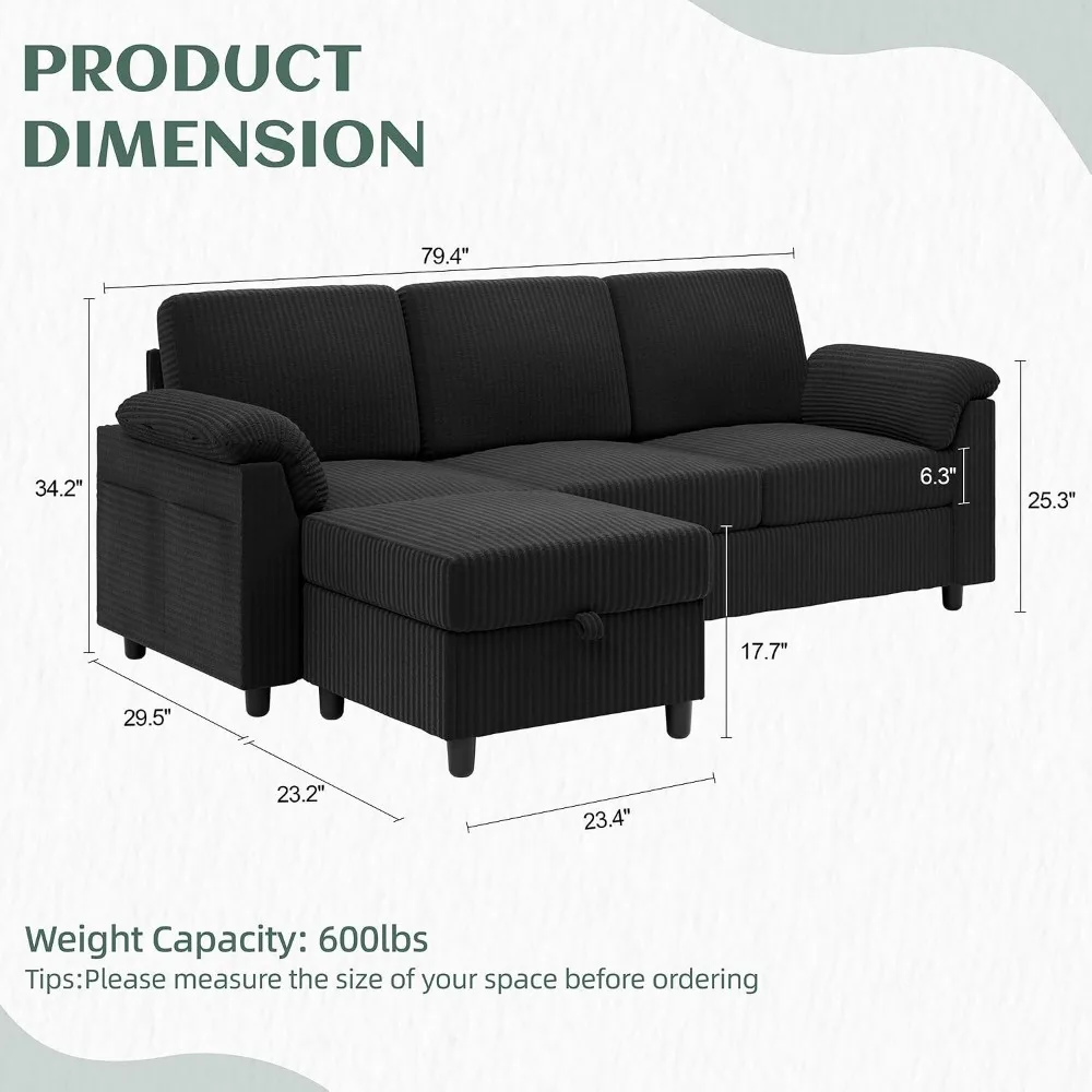 Convertible Sectional Couch 3 Seat L Shaped Sofa with Pillows Corduroy for Living Room
