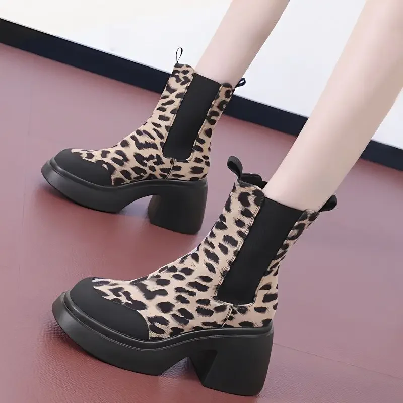 

Леопардовые женские ботильоны «Челси» на платформе и высоком каблуке, модная элегантная обувь 2024, новый бренд, массивные вечерние женские туфли с круглым носком
