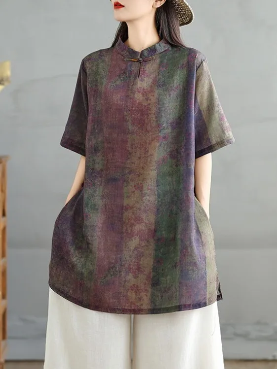 

Retro Patchwork Color Printed Linen Mid-Length Casual irt Large Size Women's Button Stand Collar f Sve Loose Top Summer