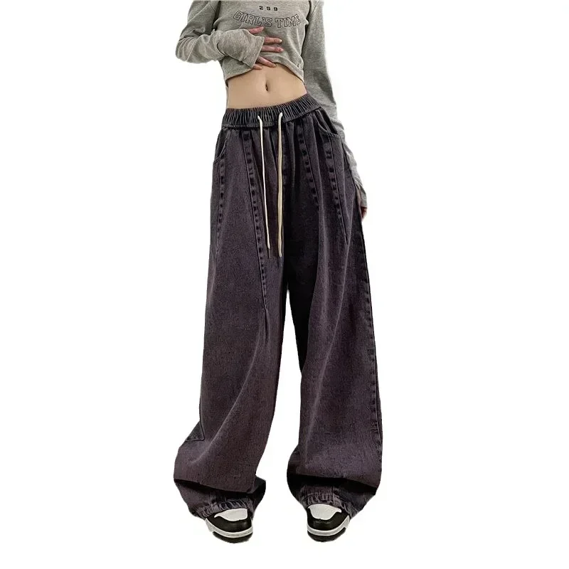 Women American Vintage Baggy Jeans Elastic Waist Oversized Long Trouser Denim Pant Wide Leg Streetwear Straight Basic Daily Y2k