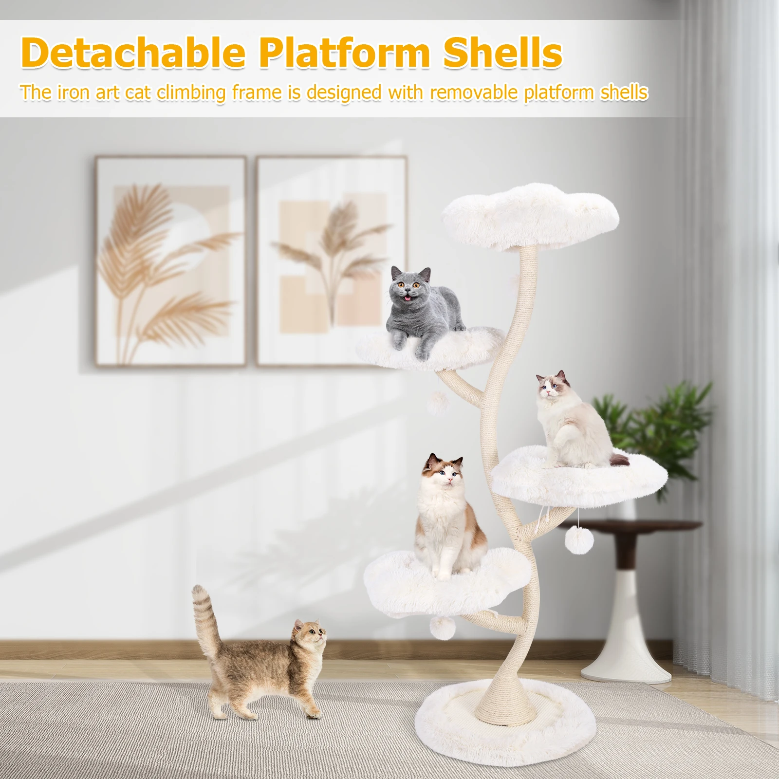 

70.07 Inch Flower Large Multi-Level Cat Tree for Indoor Kittens with Platform Bed Sisal-Covered Scratching Posts & Toy Balls