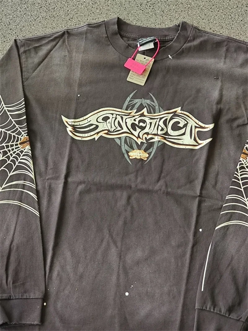 Saint Michael Oversized Men Long Sleeved T Shirts Black Washed Streetwear Pullovers