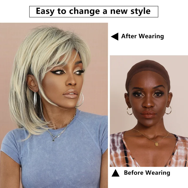 Export for black women, layered in beige-gray color, 70s style, high-temperature synthetic fiber, shoulder-length wig