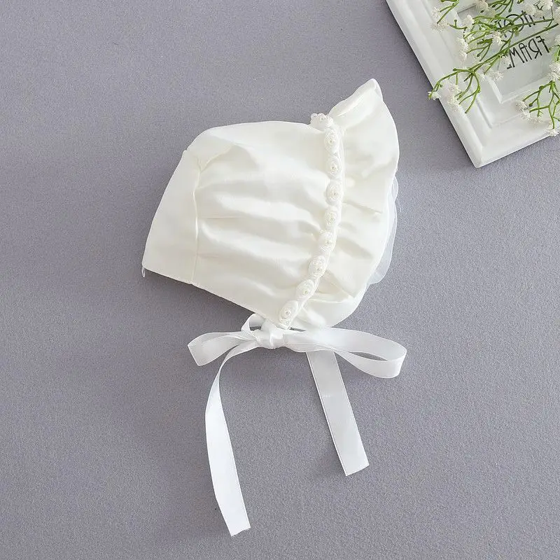 Nuovo cappello da bambino fiore fatto a mano con berretto da neonato di perle principessa puntello neonato per accessori per feste e battesimo 0-12M