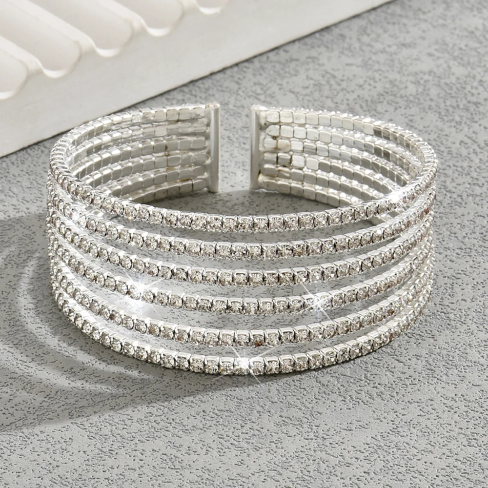 Multi Rows Full Rhinestone Open Bangle For Women Silver Color Sparkling Crystal Stone Evening Party Bangle Fashion Jewelry