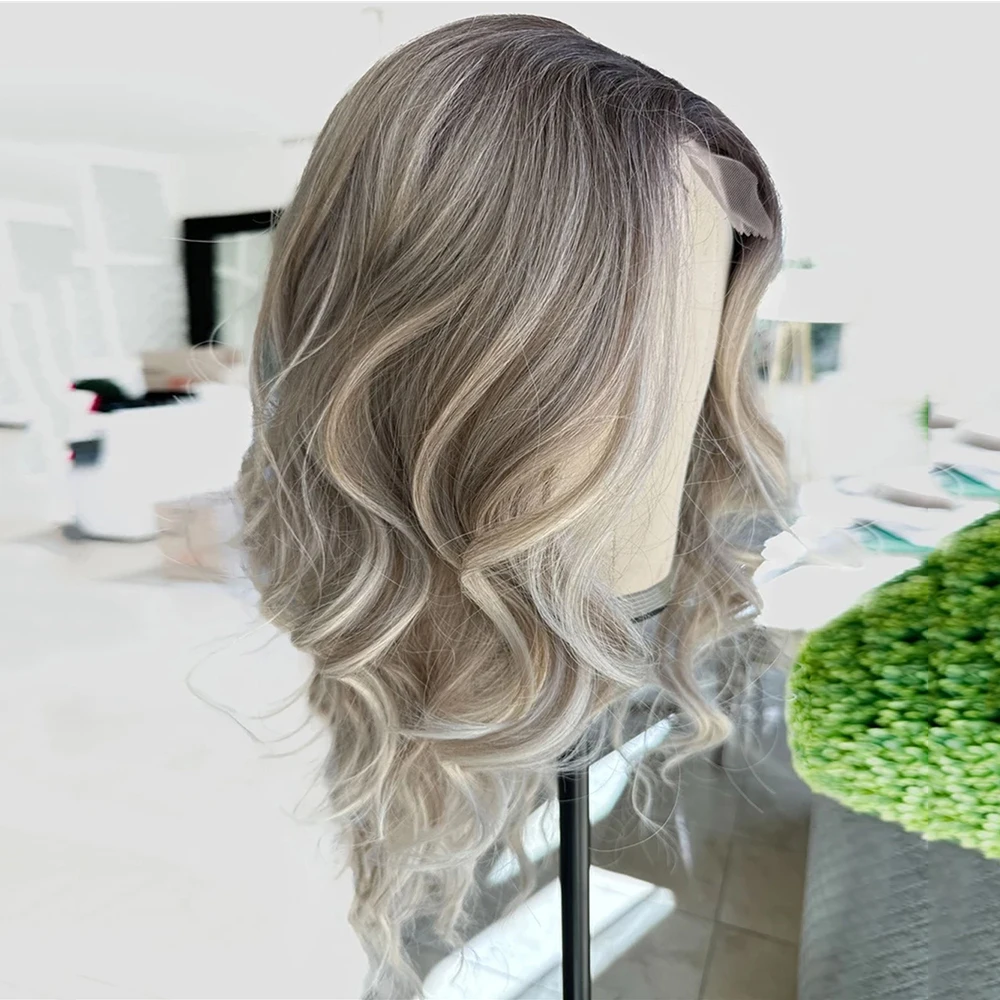 Ombre Ash Blonde Highlight Curly Wavy Wigs Medium Length Synthetic Lace Front Wig with Brown Roots On Clearance Sale Cheap Wigs