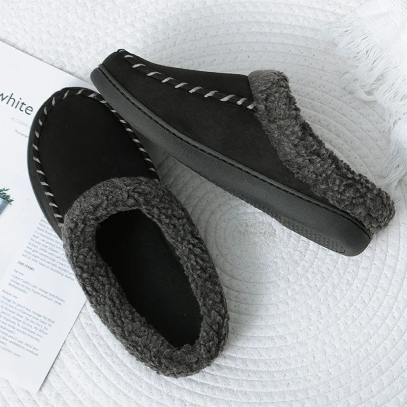 Men Winter Warm Slippers Fur Slippers Men Plush Slipper Cotton Shoes Non-slip Solid Color Home Indoor Casual Slippers Size 49 50