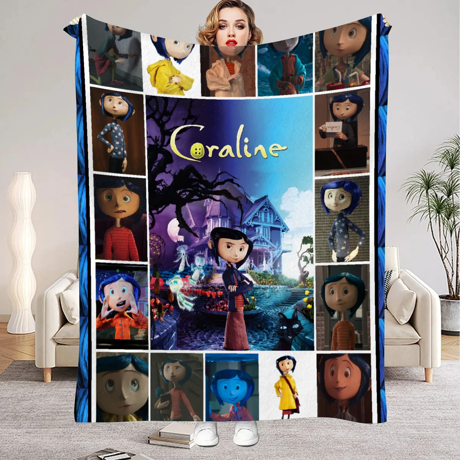 1 Stück Coraline 3D-gedruckte Flanelldecke, warme, bequeme Decke für Zuhause, Wohnzimmer, Dekoration, Geburtstagsgeschenk für Kinder, Mädchen, Fans
