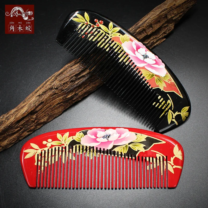 Jiaomu Jiao Boxwood Hand-painted Lacquer Art Comb, Massage Hair Comb, Available in Two Colors