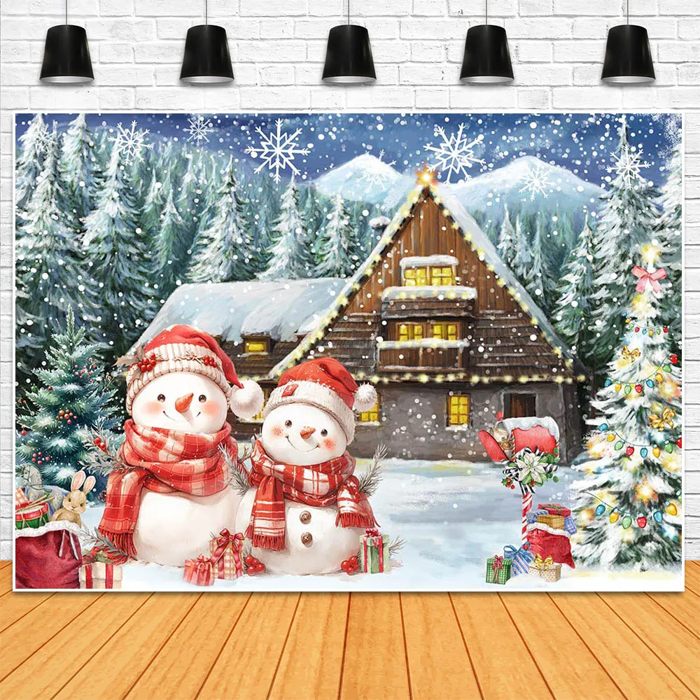 Mocsicka Winter Christmas Background Snow Forest Wooden House Snowman Xmas Tree Baby Kids Portrait Photo Backdrop Shooting Props