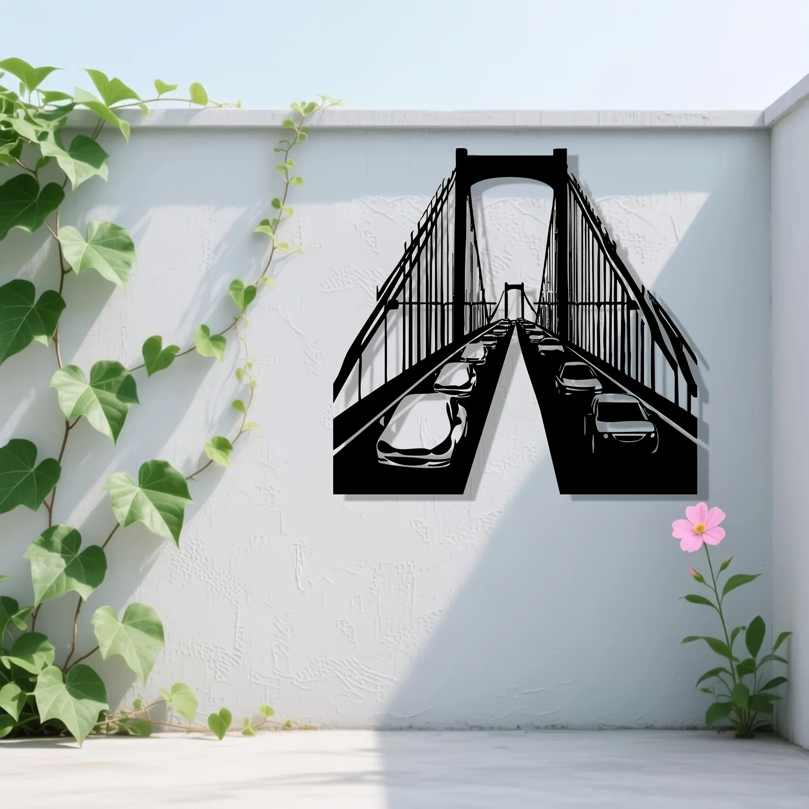 Dynamic Bridge Car Iron Wall Art Weather-Resistant Urban Metal Sculpture Balcony Backyard Fence Modern Cityscape Hanging Decor