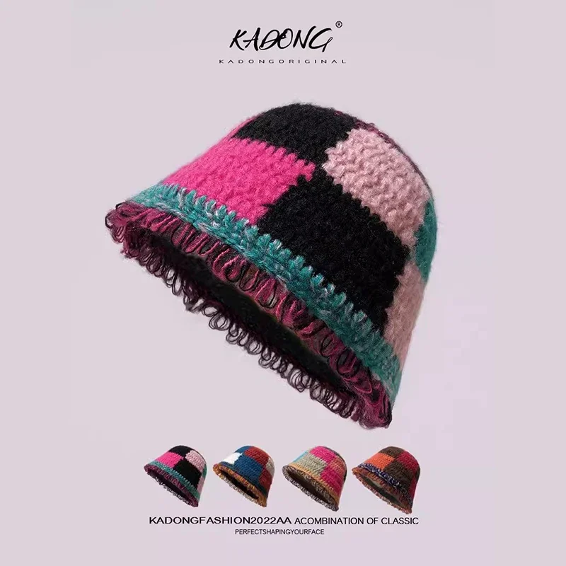 Japanese Retro Contrasting Color Checked Bucket Hats Women Autumn and Winter Niche Fashion Fringed Brim Sweet Warm Knitted Cap