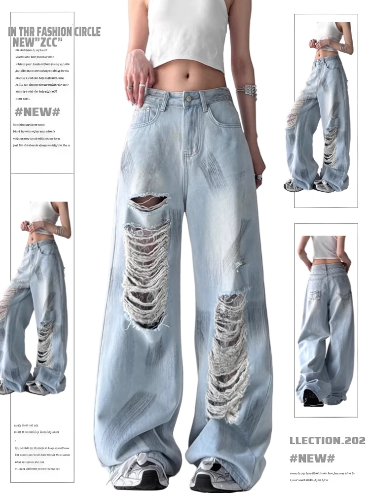 

Ripped High Waist Wide Leg Blue Jeans Loose Fit Women's Summer New Sle American High Street Retro Denim Pants Casual Sle