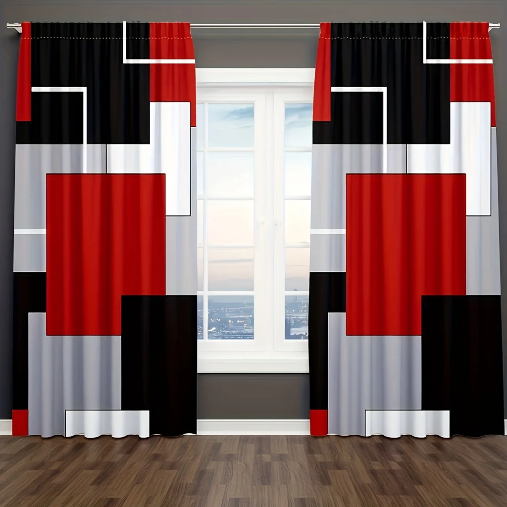 2pcs Plaid Pattern Curtains, Rod Pockets Window Treatment, Suitable For Living Room Bedroom Decor, Red White Grey Black Curtains