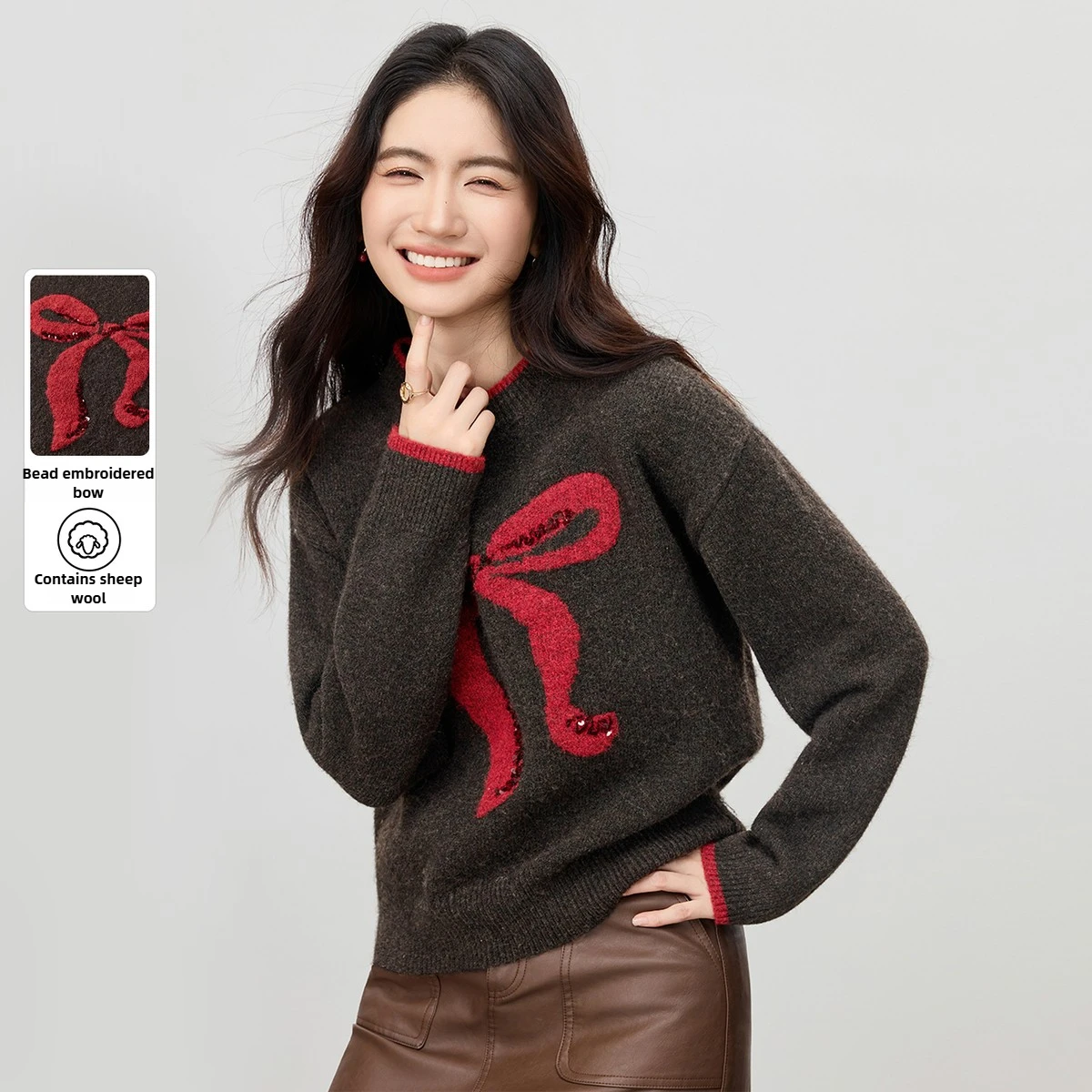 

SENTUBILA женский свитер с вышивкой бисером и бантом, осень-зима 202, новый свободный и обтягивающий свитер с узлом для вышивки W54EE4103