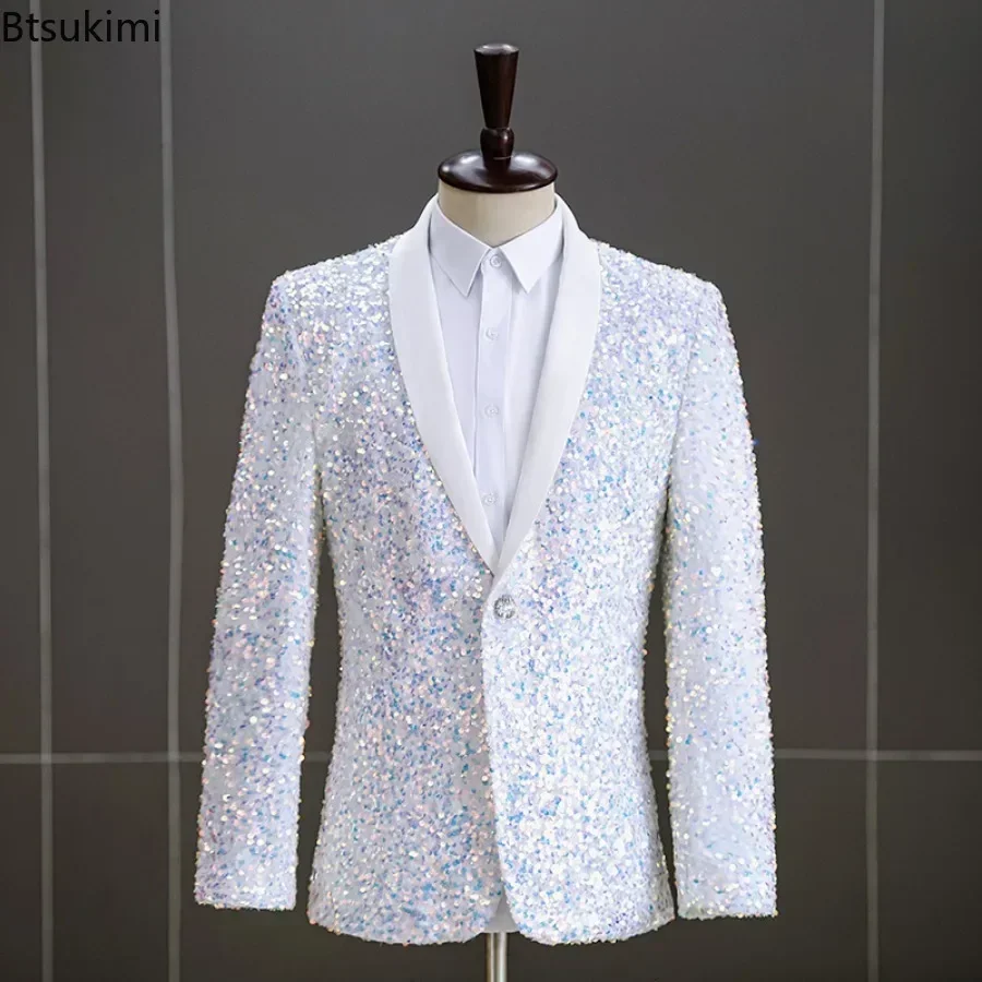 2024 Men\'s Sequins Suit Jacket White Green Stage Performance Host Wedding Party Male Blazer Single Button Fashion Man Suit Coats