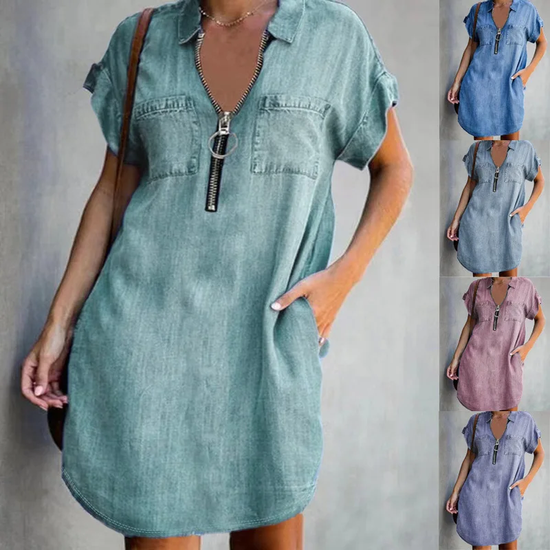 

Flip Collar Short Sleeved Loose Solid Mini Shirt Dress Summer Short Sleeve V Neck Zipper Pocket Streetwear Short Dresses Платье