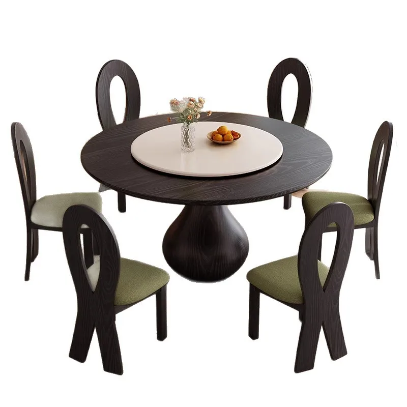 Antique dining table Solid wood round Simple small apartment turntable Household dining table Modern round rock slab