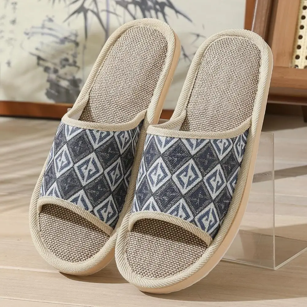 Flax Linen House Slippers Open‑Toe Breathable Woven Indoor Slipper Soft  Non‑Slip Home Guest Spa Travel Footwear For Men